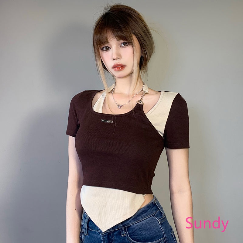 Áo Croptop Tay Ngắn Thiết Kế Lệch Tà Thời Trang Cá Tính Cho Nữ