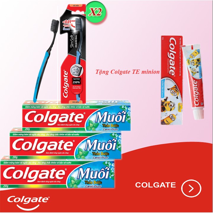 Combo 3 Kem đánh răng Colgate Muối Thảo Dược 250g+ 2 BC than đen tặng KDR trẻ em minion trái cây 40g