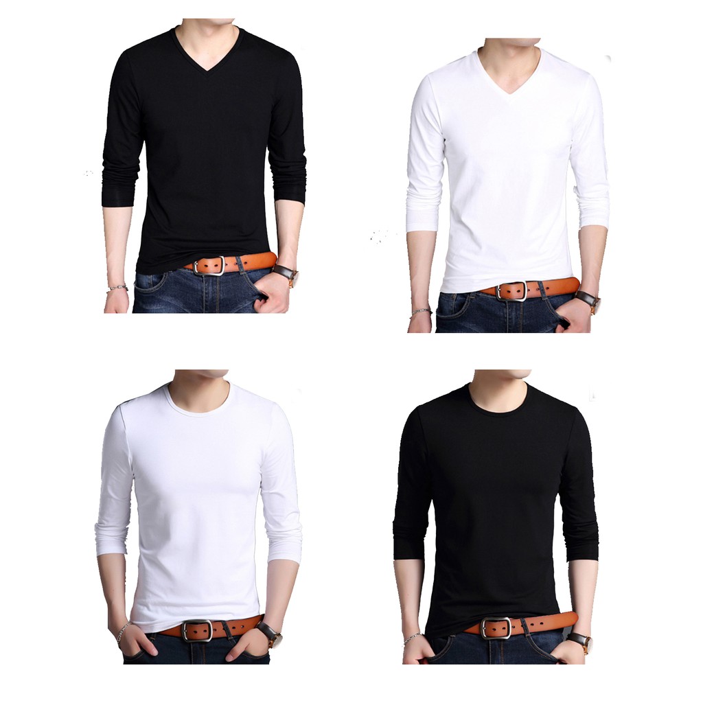 VẢI COTTON 100% ÁO THUN NAM TAY DÀI CỔ TRÒN VÀ CỔ TIM MÀU ĐEN TRẮNG THỜI TRANG