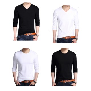 [Siêu Sale ! ] VẢI COTTON 100% ÁO THUN NAM TAY DÀI CỔ TRÒN VÀ CỔ TIM MÀU ĐEN TRẮNG THỜI TRANG