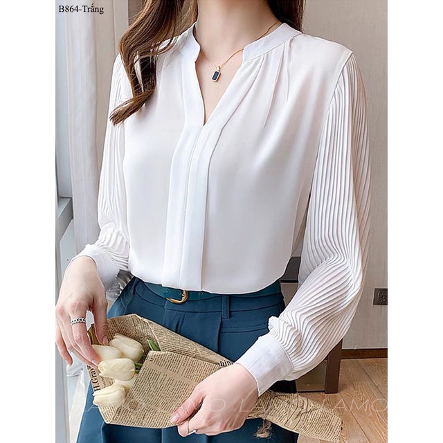 Áo kiểu nữ  cổ tàu tay dập ly LAMO- B864