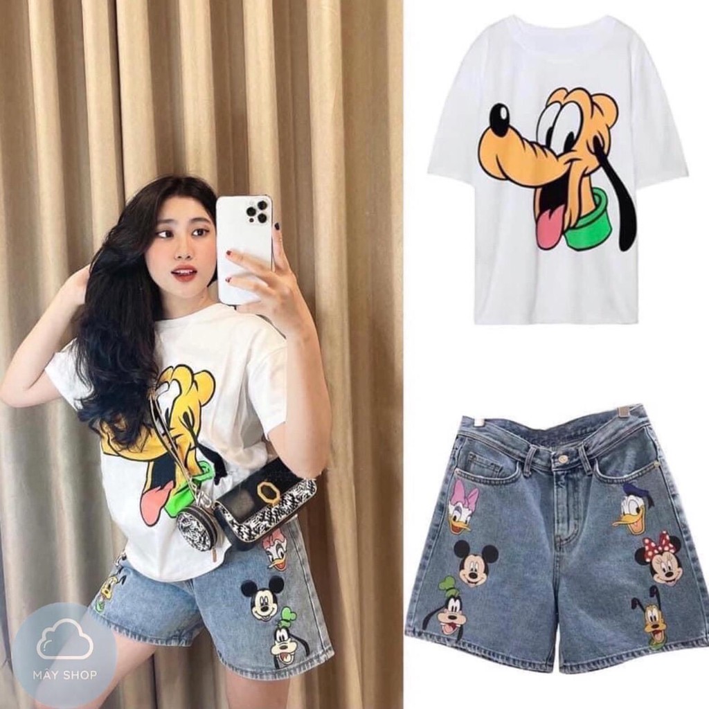 [SET ĐỒ BỘ] Set Trang Phục Nữ, Set Đồ Nữ Áo Phông Trắng+ Quần Jeans Hình Hoạt Hình_Năng Động | BigBuy360 - bigbuy360.vn