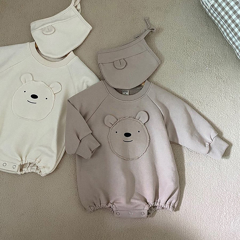 Áo liền quần họa tiết gấu dài tay + mũ xinh xắn cho bé trai và gái sơ sinh