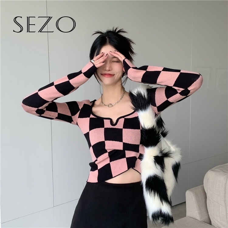 QKOOLE Áo kiểu  cổ vuông họa tiết kẻ sọc caro phong cách Hàn Quốc thời trang dành cho nữ