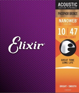 Bộ dây đàn Elixir Acoustic Guitar Strings Phosphor Bronze with NANOWEB Coating Extra Light 10-47 (16002)