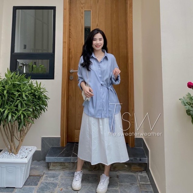 Áo sơ mi nữ form rộng chất tuyết hàn có dây thắt eo hàng Quảng Châu, sơ mi dài tay đi học đi chơi ASM05