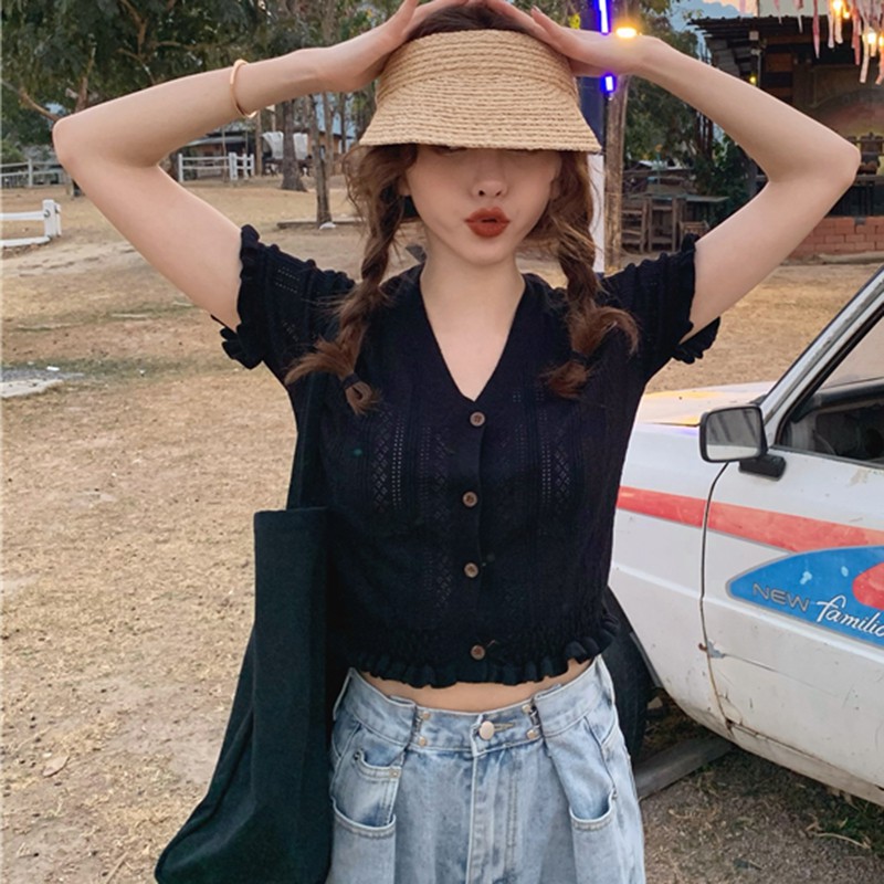 Áo Croptop Áo Dệt Kim Ngắn Tay Cổ Chữ V Phối Bèo Nhún Nữ Tính