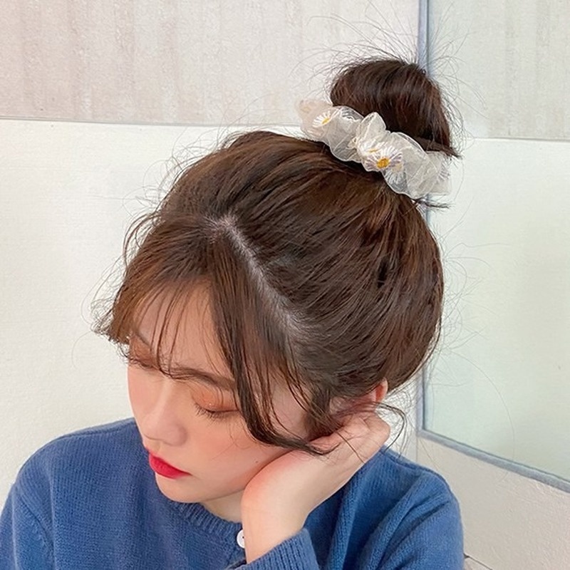 Dây Cột Tóc Vải Lưới Bản Lớn In Họa Tiết Hoa Cúc Phong Cách Hàn Quốc Cho Nữ