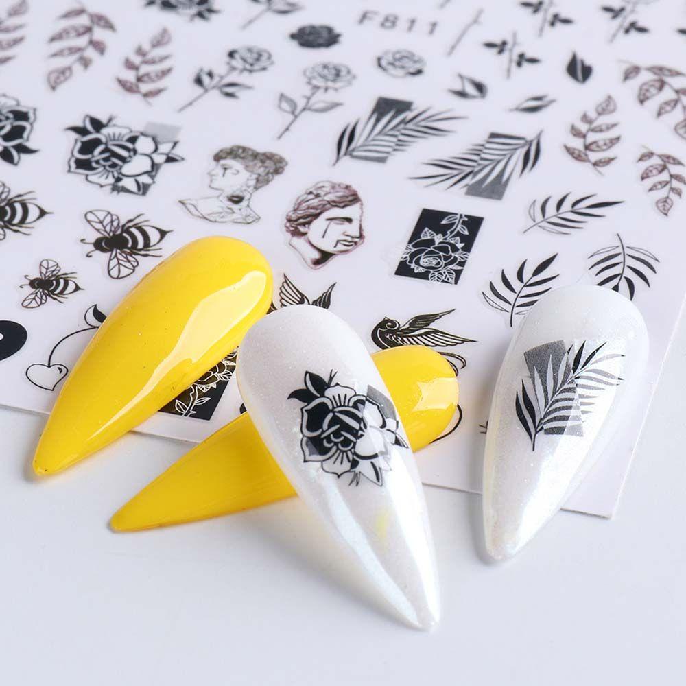 OCEANMAP Miếng Dán Trang Trí Móng Tay 3D Hình Hoa Lá Mùa Thu Đông Màu Trắng Đen DIY