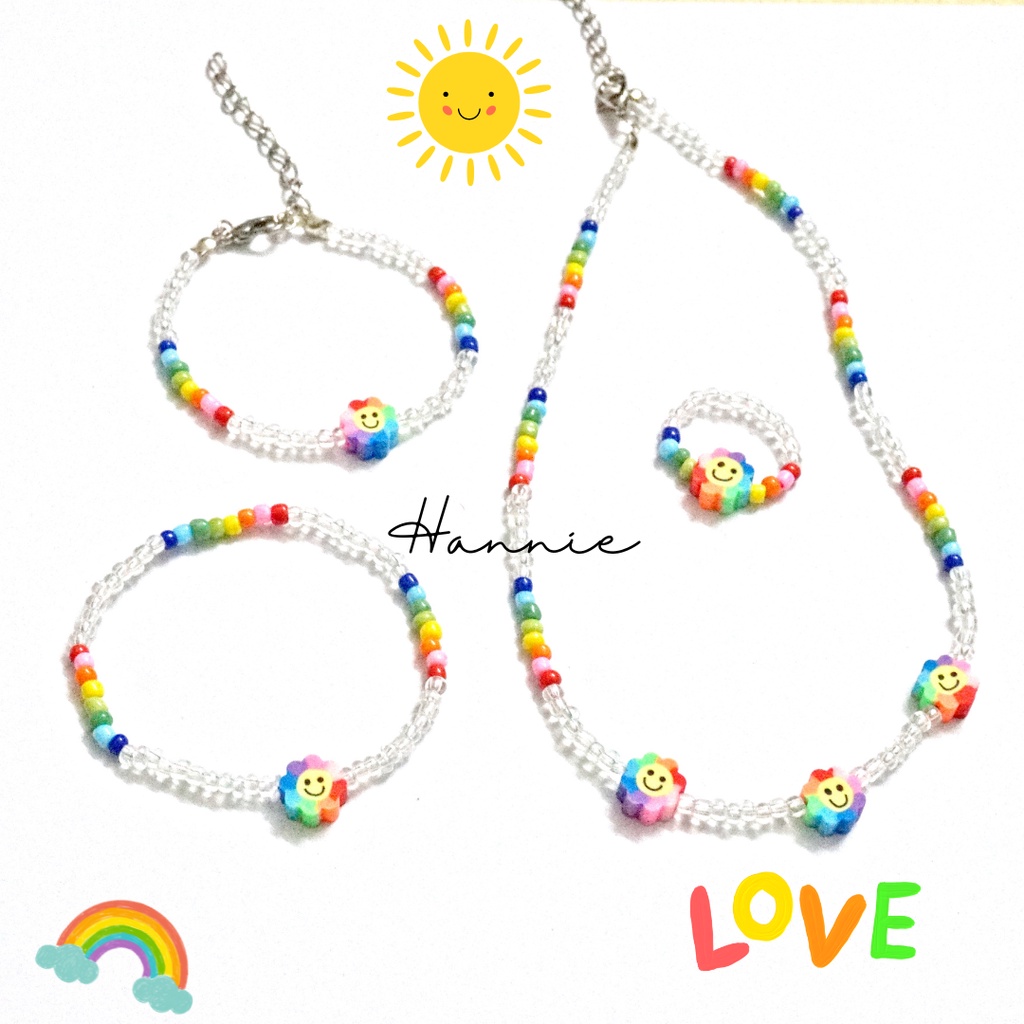 Set hạt cườm nhựa trong cầu vồng rainbow handmade - Combo vòng cổ vòng tay nhẫn dành cho nam nữ đơn giản