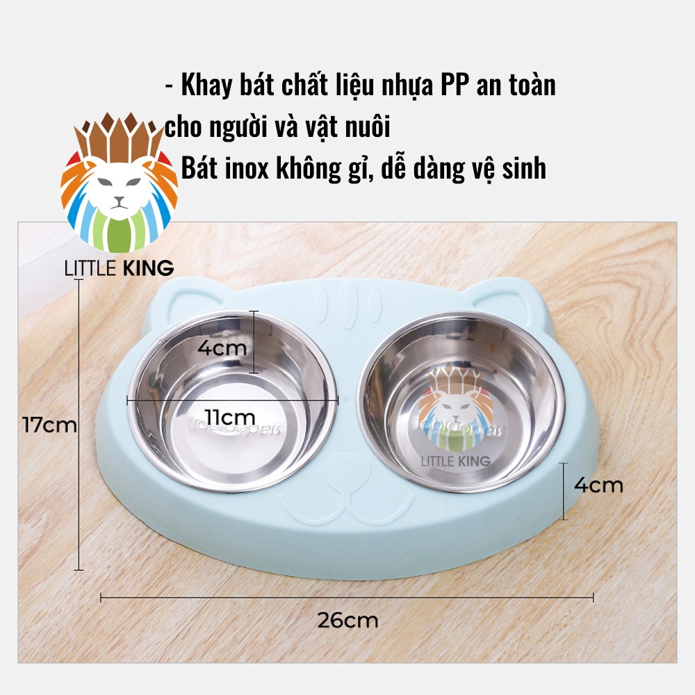 Bát ăn đôi inox hình mặt mèo cho chó mèo, thú cưng chất liệu nhựa PP và inox không gỉ Little King pet shop