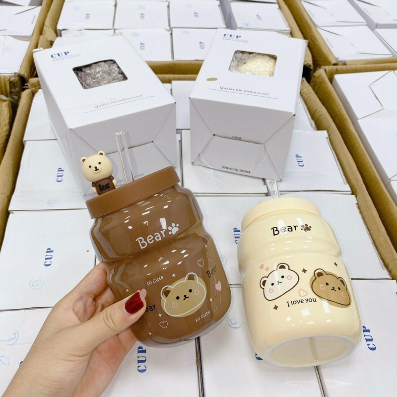 CỐC SỨ CAO CẤP TRÁNG MEN IN HOẠ TIẾT GẤU BIER KÈM ỐNG HÚT NGỘ NGHĨNH.AH