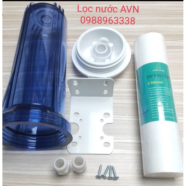 Com bo bộ lọc thô 10 inch ren 21 (cốc trong+bát ren 21 và 2 kép nhựa ren 21, giá đơn, nesca, vít ), bộ lọc thô