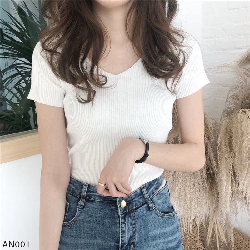 Áo len tăm cổ tim cộc tay (hàng Quảng Châu) - AN001