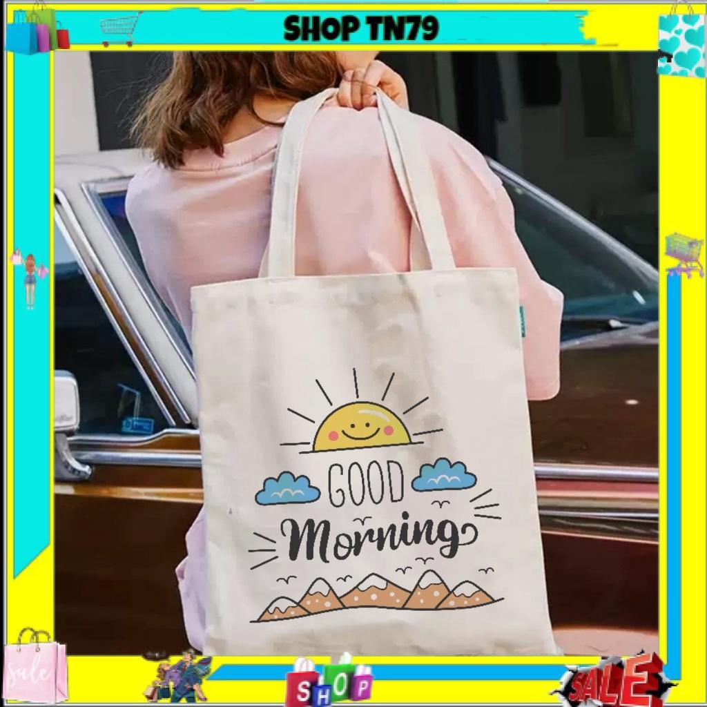 Túi tote nữ vải canvas Good Morning có khóa miệng , túi con phong cách Hàn Quốc thích hợp đi học , đi chơi ...