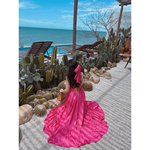 Váy maxi lụa cổ buộc dây xoè tầng thắt dây lưng siêu hot kèm cột tóc 3 màu đủ size S M L Huyen hip