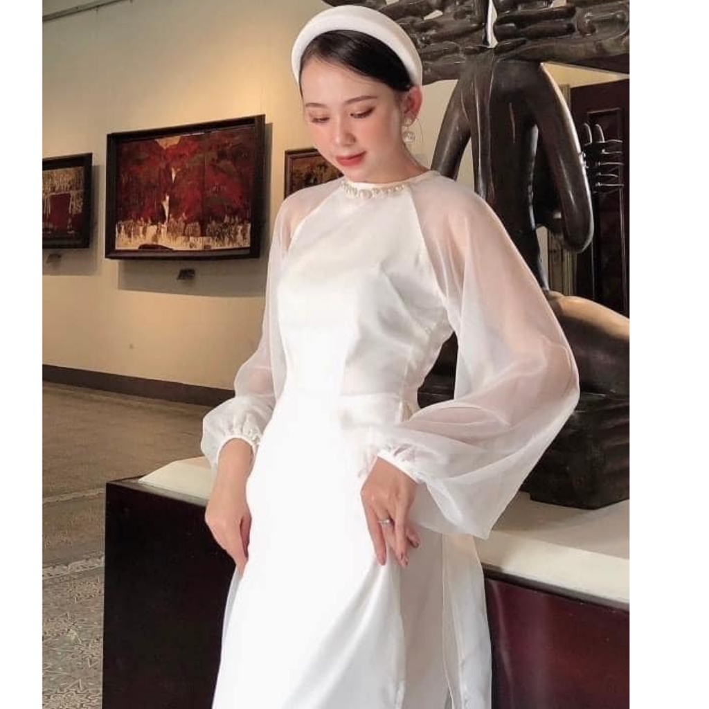 Áo dài may sẵn voon tơ trắng 4 tà thời trang, áo dài thiết kế