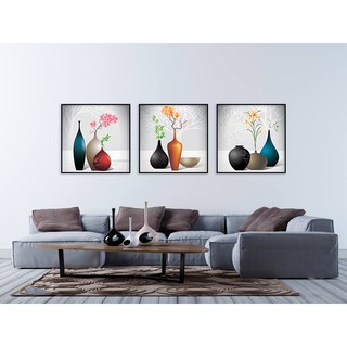 Tranh canvas kèm khung trang trí phòng khách, bộ 3 tranh lọ hoa tĩnh vật - BT534