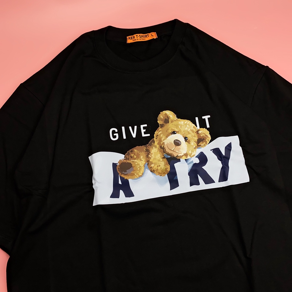 Áo Thun HY KOREA in Hình Gấu ATry Form Rộng Vải Cotton 100% Dày Dặn Thấm Hút Mồ Hôi