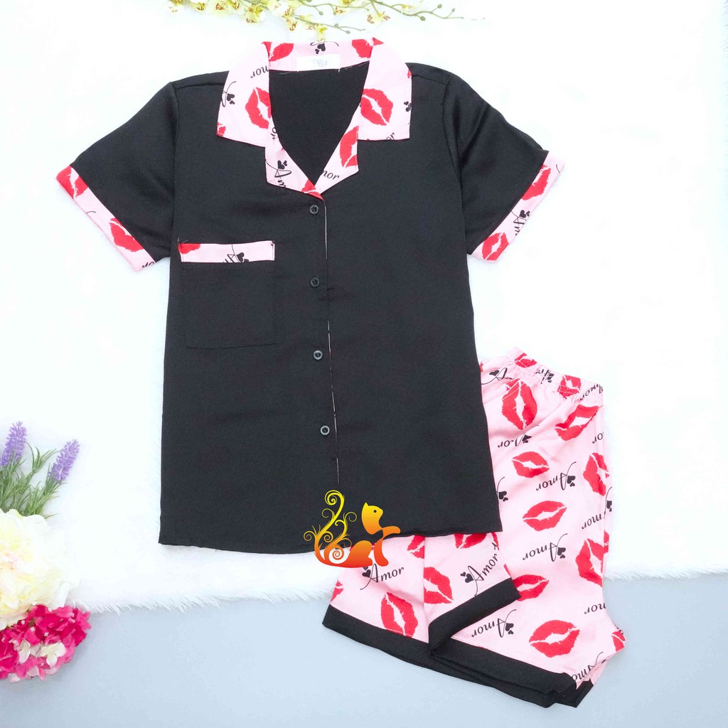 Bộ Mặc Nhà &quot;Lips - Amour&quot; Pijama Satin Lụa Cao Cấp - Siêu Mát - Dưới 60kg.