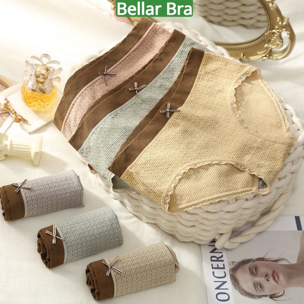 Quần Lót Cotton, Quần Chíp Nữ Kháng Khuẩn Đính Nơ Viền Ren Sọc Kẻ Độc Đáo LQ14