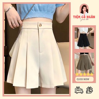 (Có sẵn) Quần Đùi Nữ Cạp Cao Giả Váy Xếp Li Ống Rộng Trơn 3 Màu