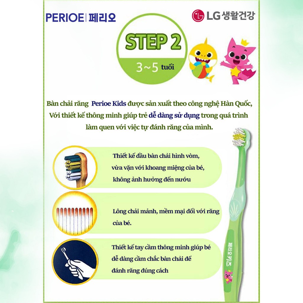 Bàn chải đánh răng trẻ em Perioe Pinkfong Hàn Quốc Step 2 ( 3-5 tuổi)