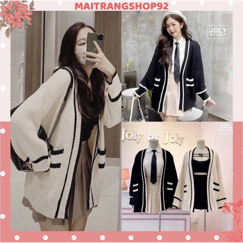 Áo khoác cardigan len nữ dáng dài chất dày túi 2 bên, Áo cardigan len viền kẻ không cúc Hàn Quốc