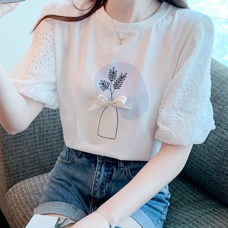 Áo Thun Cotton Mùa Hè Tay Ngắn Phối Ren Đính Nơ Phong Cách Phương Tây Kiểu Mới