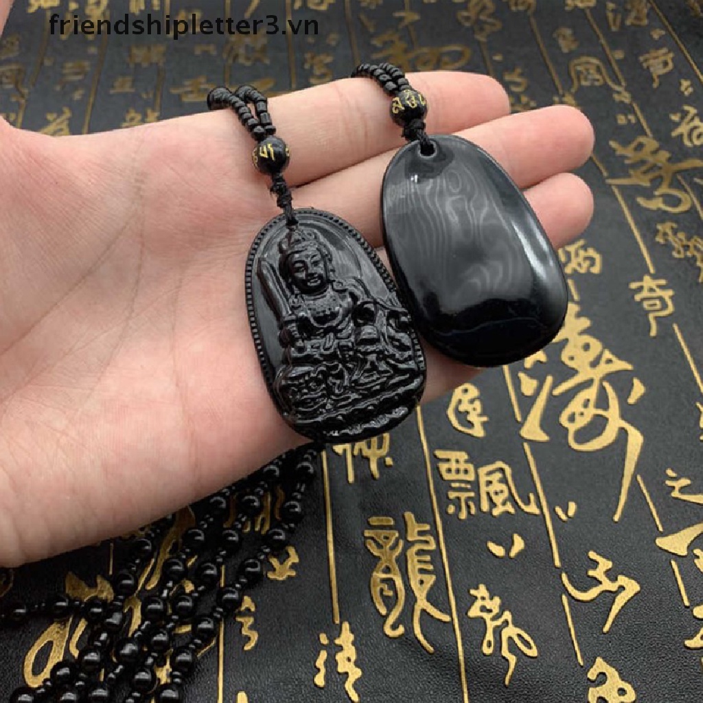 1 Vòng cổ Đá obsidian Đen Tự Nhiên Khắc Hình Phật