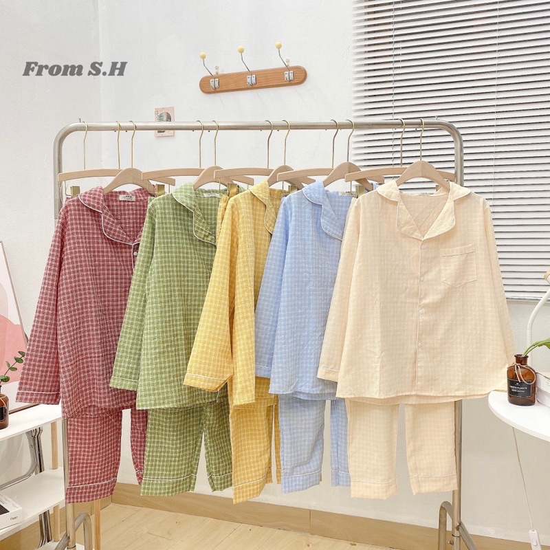 Bộ Pijama Chất Đũi Kẻ Áo Dài Quần Dài Mặc Nhà Nữ Siêu Xinh