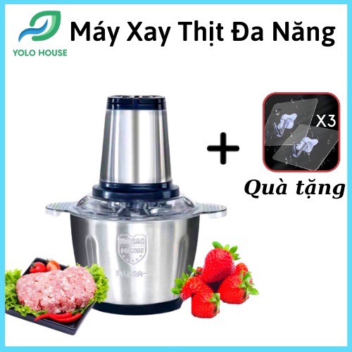 Máy xay thịt đa năng cối inox 304, 4 lưỡi dao thép không gỉ, Máy xay thịt inox đa năng, xay sinh tố thịt, cá, rau củ hoa