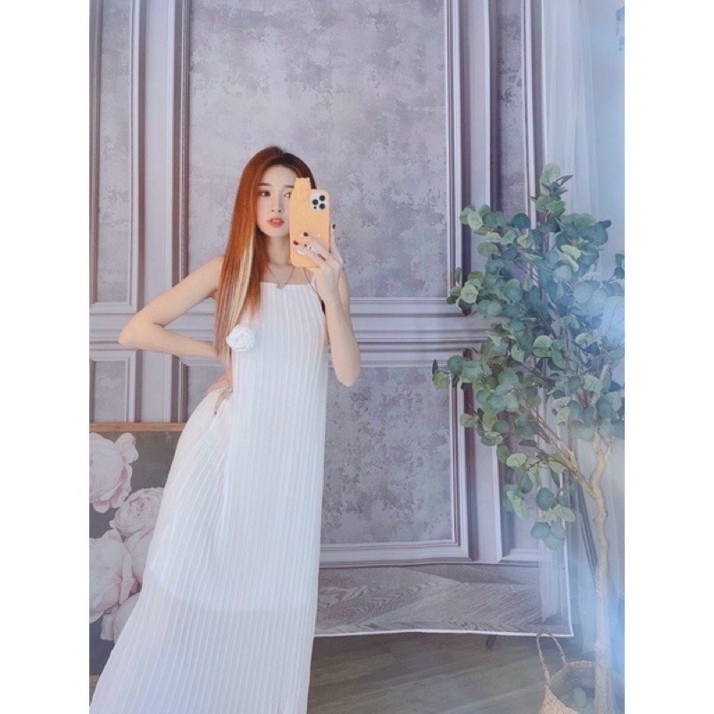 [Hàng đẹp] Đầm dập ly suông cổ yếm đính hoa ngực siêu xinh-hình thật đủ màu. alohashop91