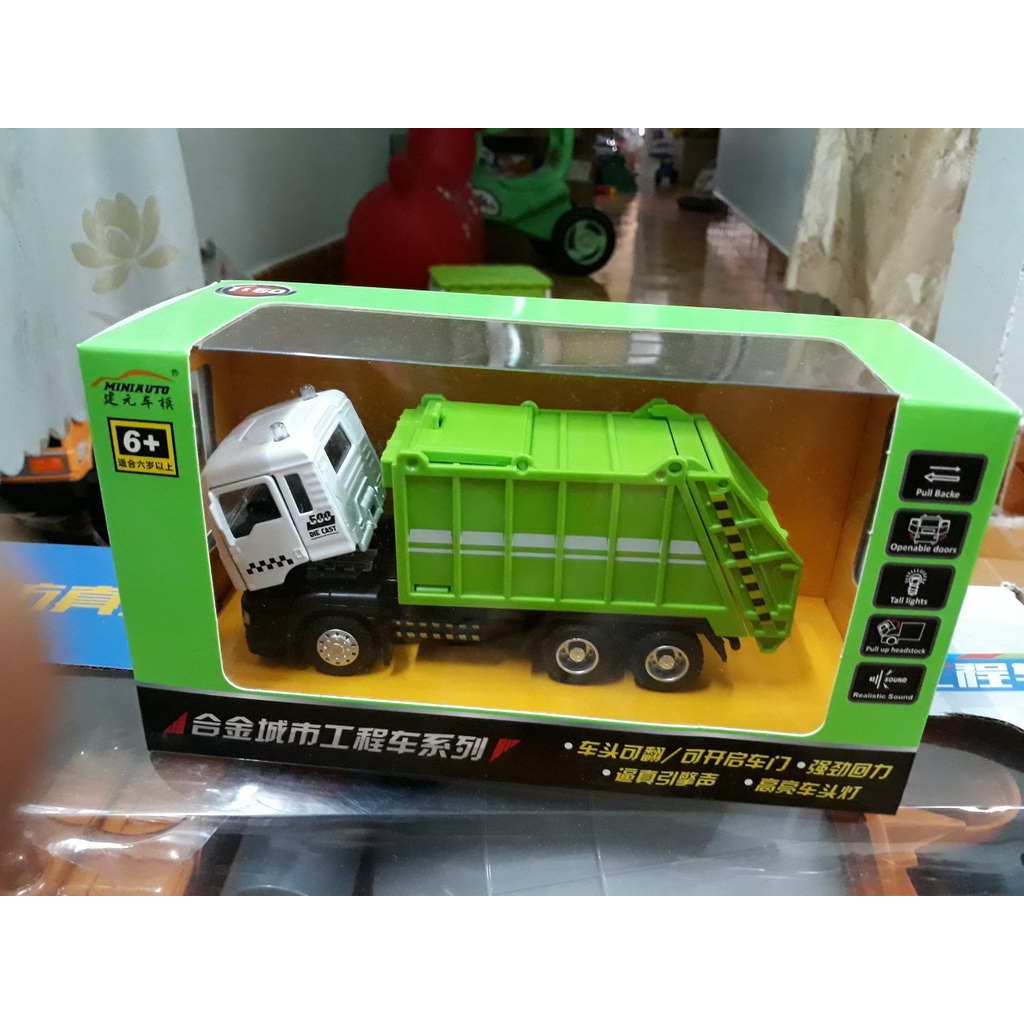 Xe ô tô chở rác chạy cót tỉ lệ 1:50 có âm thanh và đèn mở được cửa xe đồ chơi trẻ em