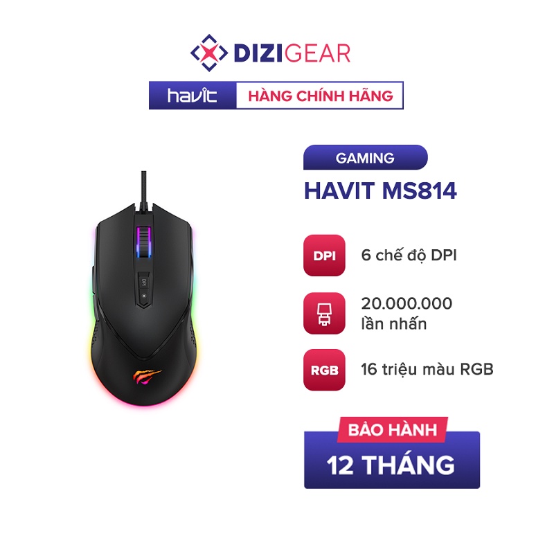 Chuột Gaming HAVIT MS814, 16 Triệu Màu RGB, 6 Chế Độ DPI, Tích Hợp 7 Nút Điều Chỉnh - Chính Hãng BH 12 Tháng Dizigear