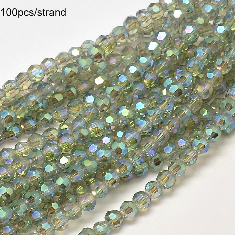 Sợi 100 hạt thủy tinh mặt tròn xanh lá biển mạ ánh cầu vồng 4mm lỗ xỏ 1mm 14.9 inch