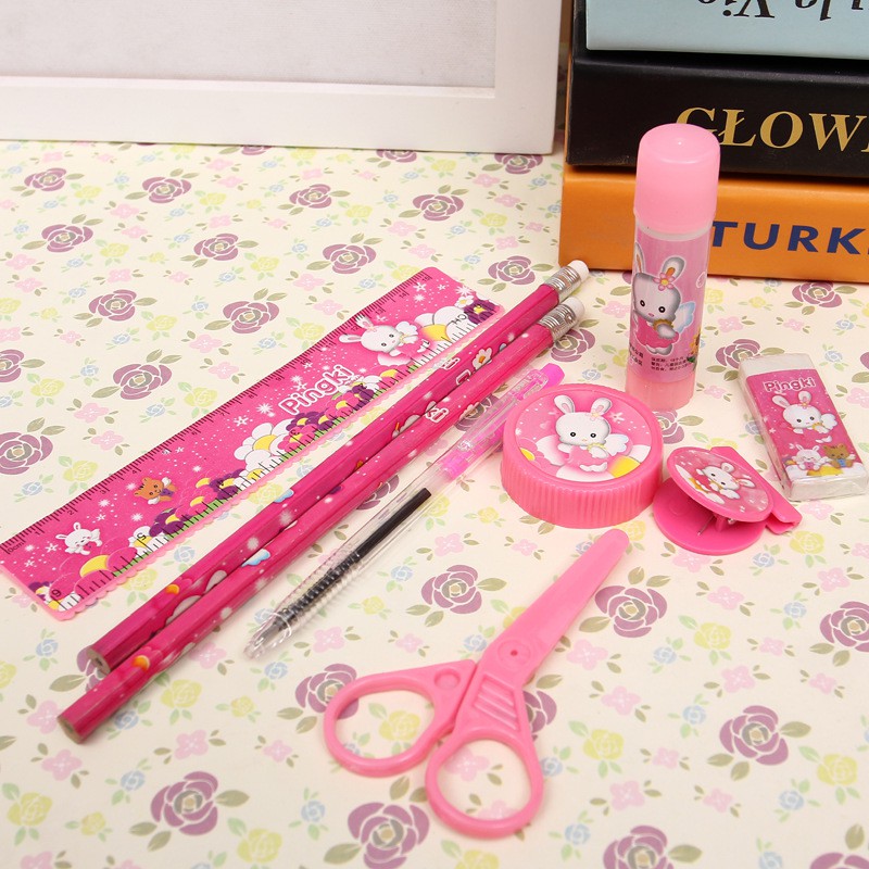 SET BỘ DỤNG CỤ HỌC TẬP 9 MÓN HÌNH GẤU XANH &amp; THỎ HỒNG DÀNH CHO BÉ