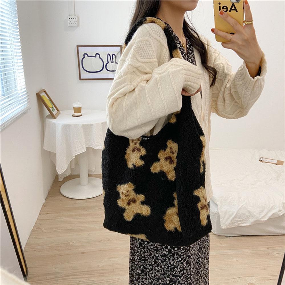 Qqmall Túi Tote Canvas Lông Cừu Dễ Thương Đeo Vai Đi Mua Sắm Cho Nữ