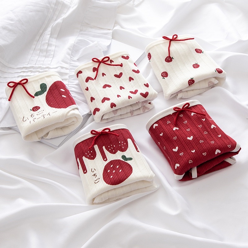 Quần Lót Cotton Tăm Tim - Dâu Đỏ Đính Nơ Mềm Mại Cute