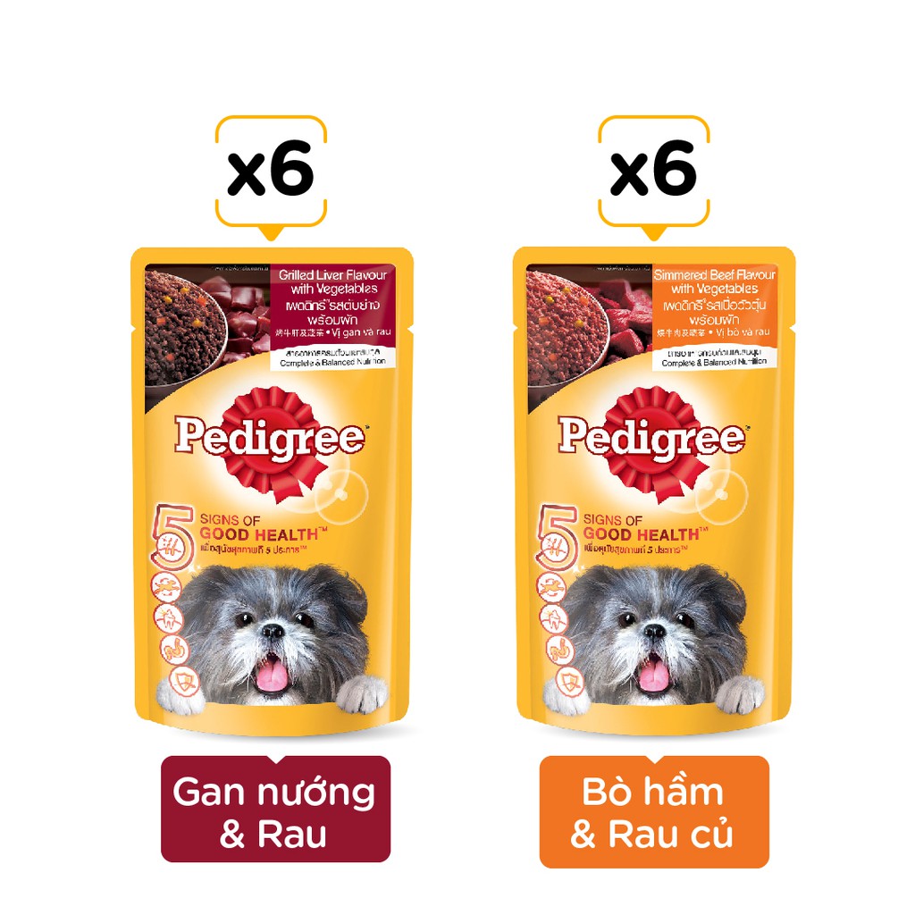 PEDIGREE® Bộ thức ăn cho chó lớn dạng sốt vị bò hầm và rau củ 130g + vị gan nướng và rau củ 130g (12 gói)