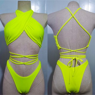 Set bikini phối dây buộc màu neon