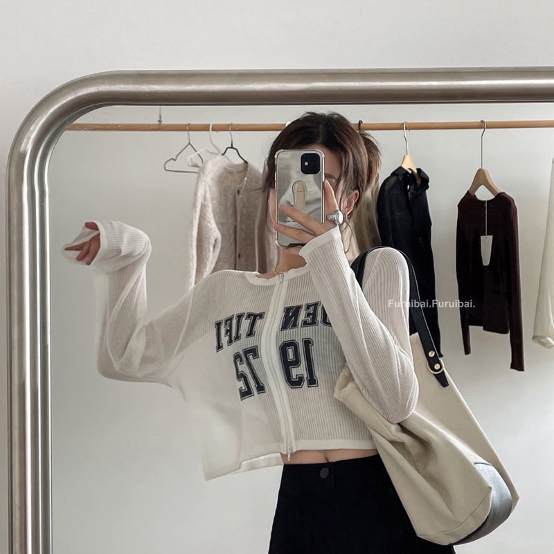 Áo Khoác Cardigan Vải Lụa Lạnh Mỏng Dáng Rộng Tay Dài In Chữ Thời Trang Mùa Hè Cho Nữ