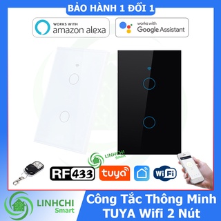 Công Tắc Chữ Nhật Viền Vàng 2 nút ấn Tuya Wifi Bluetooth RF433MHz Điều Khiển Từ Xa Trên Điện Thoại Qua App Tuya Smart