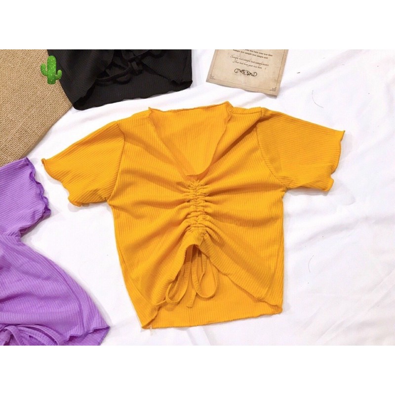 🍀Áo thun croptop cuốn biên dây rút giữa