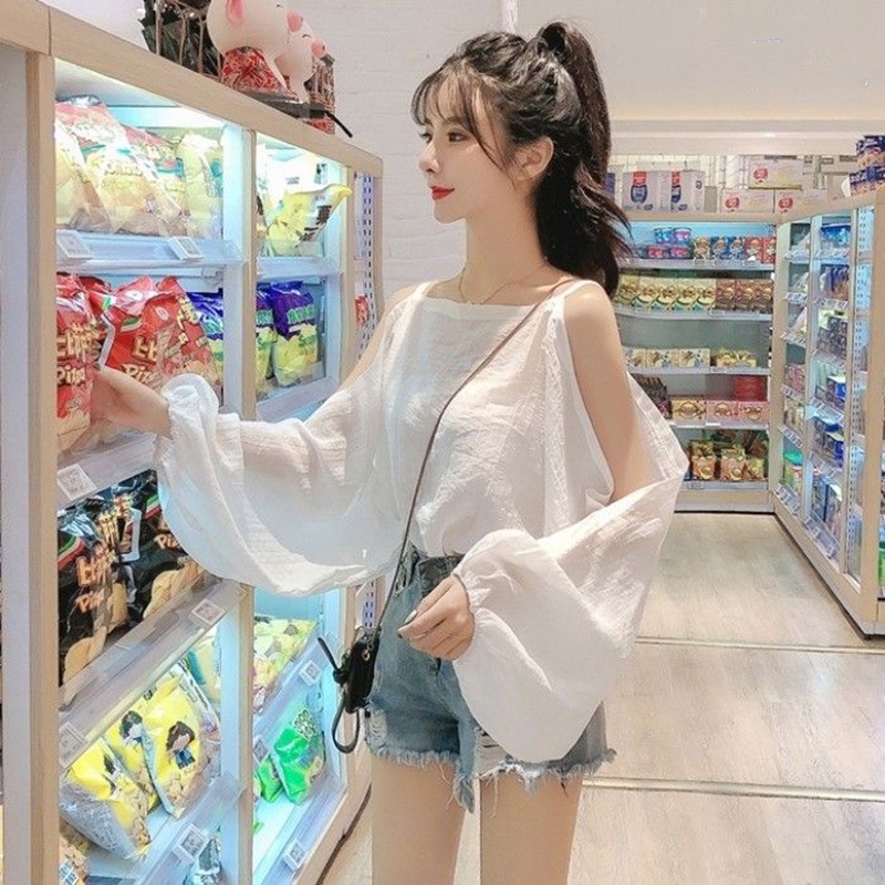 Áo kiểu IELGY chiffon mỏng tay dài thiết kế hở vai thời trang xinh xắn dành cho nữ