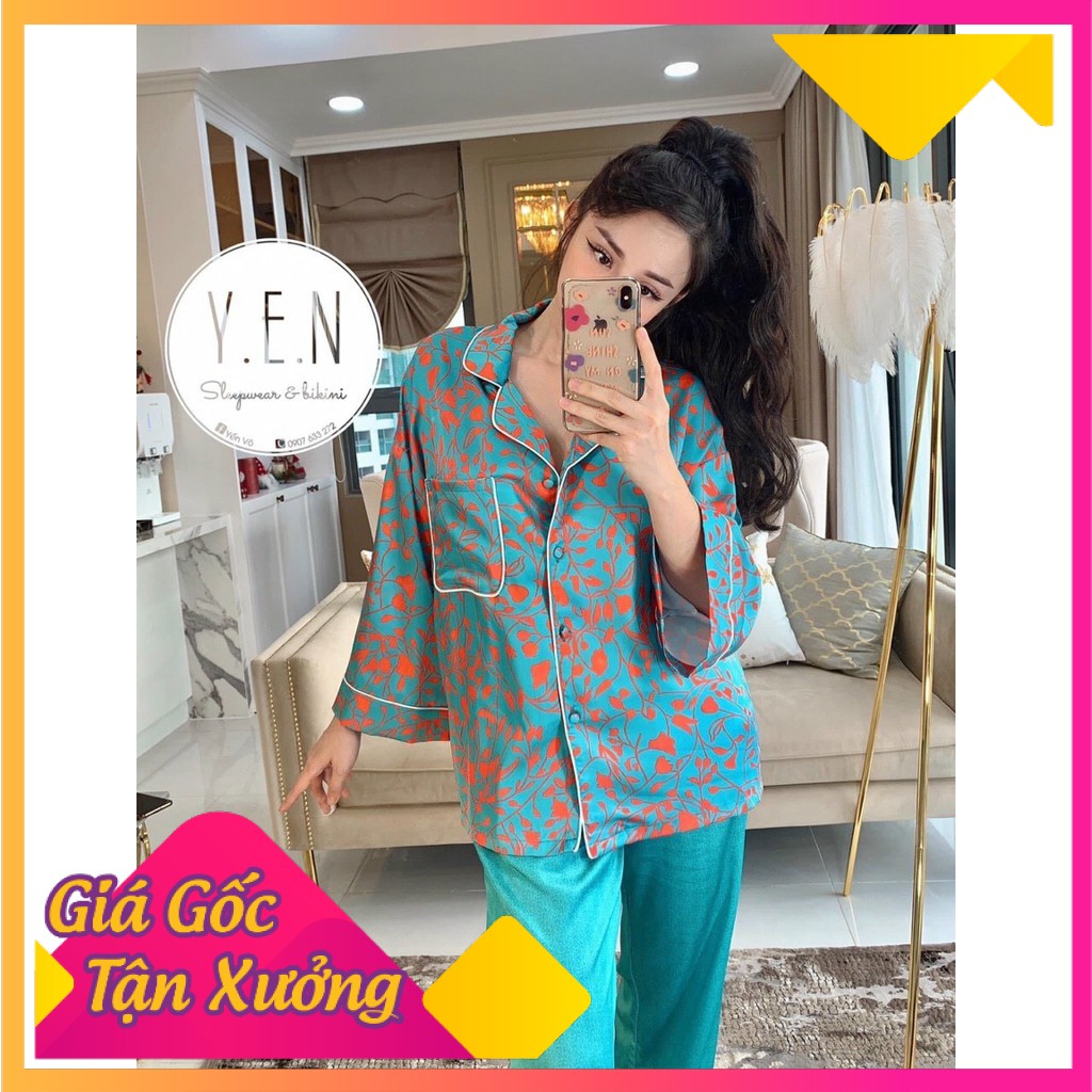 Bộ đồ ngủ mặc nhà LyLy dài tay lụa satin kiểu pijama hoạt tiết sang trọng L235 | BigBuy360 - bigbuy360.vn