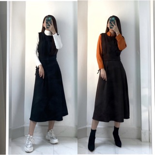 [Ảnh thật] Váy yếm đai eo dáng dài (nâu, đen)