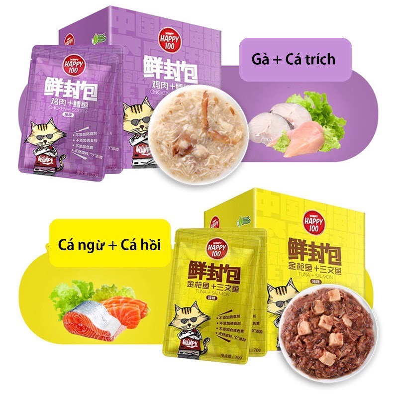 [Mã PET50K giảm Giảm 10% - Tối đa 50K đơn từ 250K] Pate Wanpy Happy 100 cho mèo gói 70gr