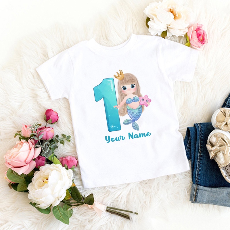 ✨Thêm tên miễn phí✨ Cô Gái Nàng Tiên Cá Sinh Nhật Hoạt Hình Áo Cho Bé Gái Số 1 2 3 4 5 6 7 Nàng Tiên Cá Trẻ Em Sinh Nhật Áo Thun