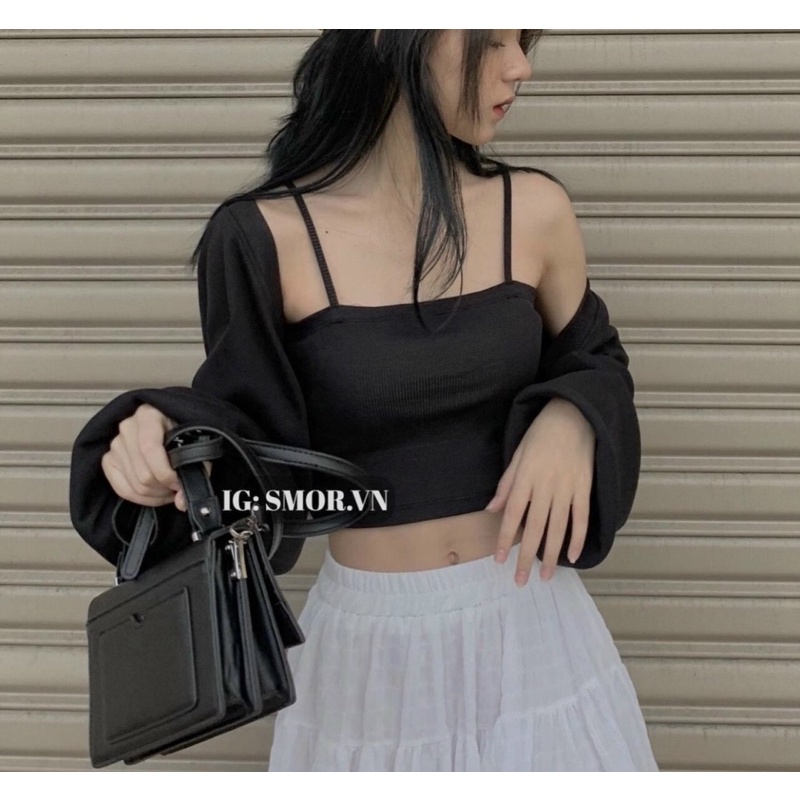 Set áo caridigan kèm áo 2 dây croptop trắng vải thun borip - C0N